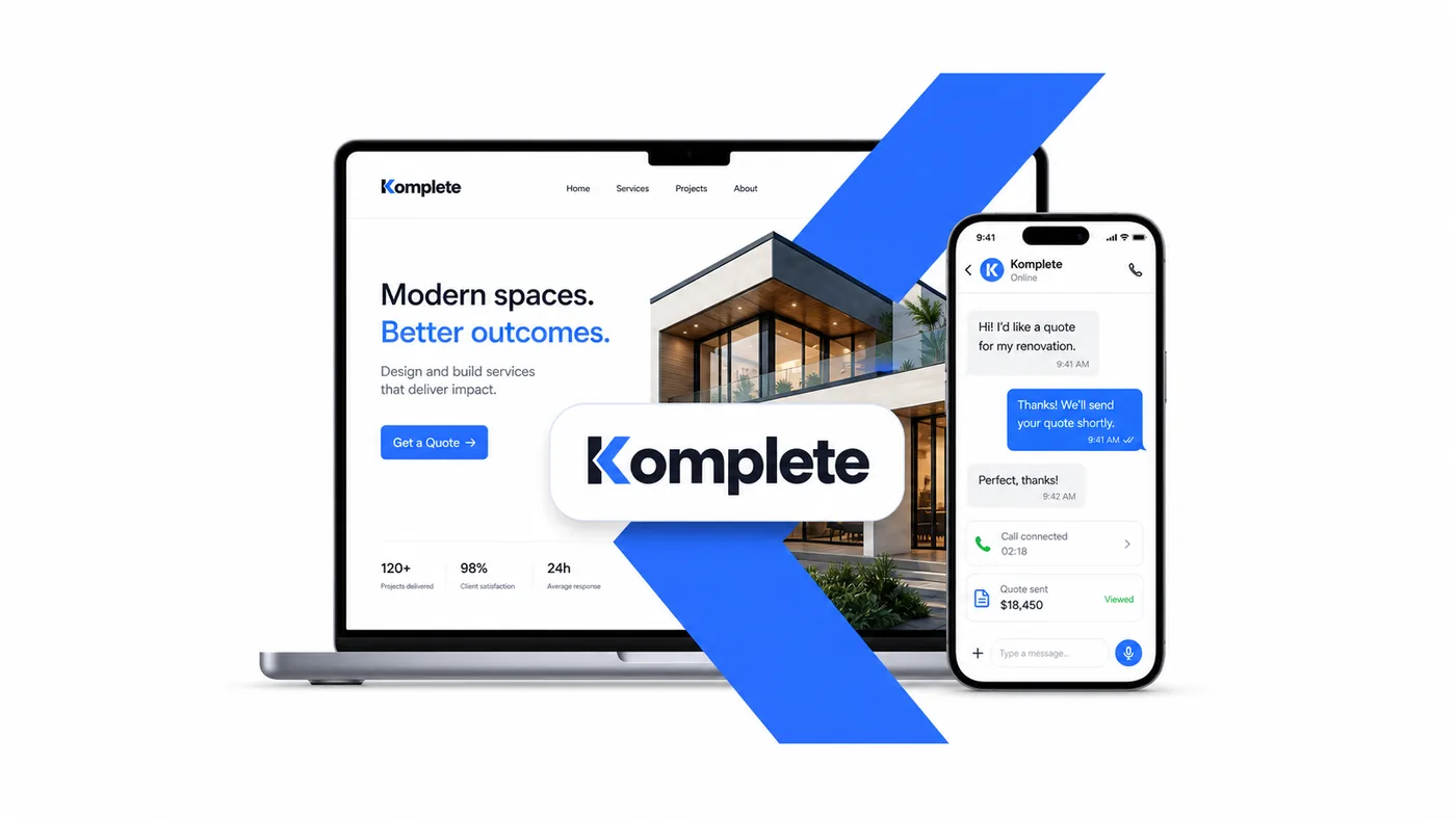 Komplete system shown as a laptop website, phone conversation, and blue K brand structure